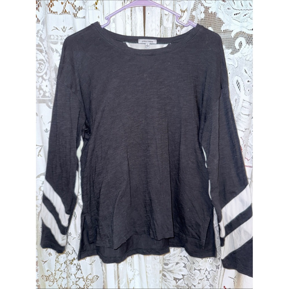 Lisa Todd Black Long-Sleeve Top with White Sleeve Stripes